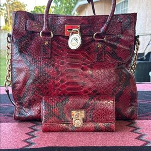 Michael Kors Red Snakeskin Tote with gold  Hardware